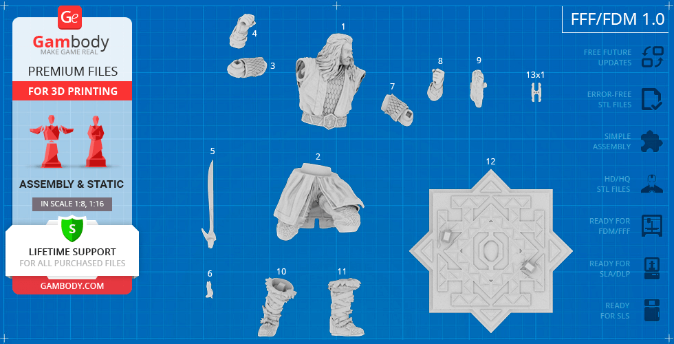 3D model parts of Thorin Oakenshield for printing, including torso, arms, legs, base, and accessories.