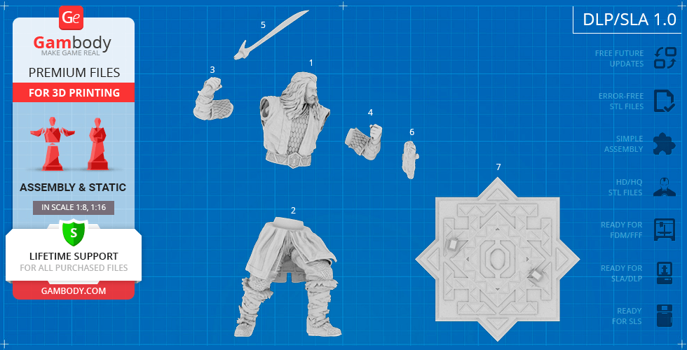 3D printable parts of a warrior figure, including body, limbs, and a decorative base.