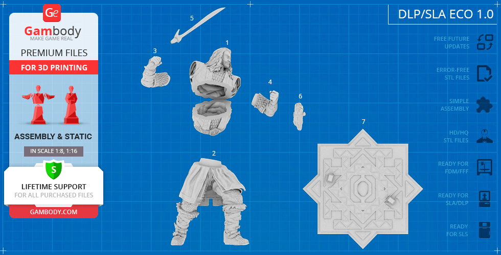 A 3D printable model kit of Thorin Oakenshield, displayed in separated pieces on a blueprint-like background.