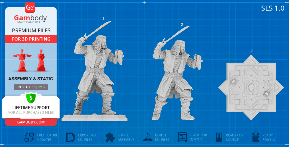 3D model of a warrior with swords for printing, plus a decorative square base design.