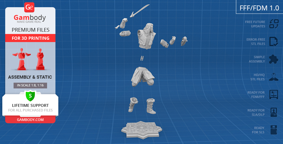 3D model parts of a warrior figure for printing, displayed in assembly form on a blue grid background.