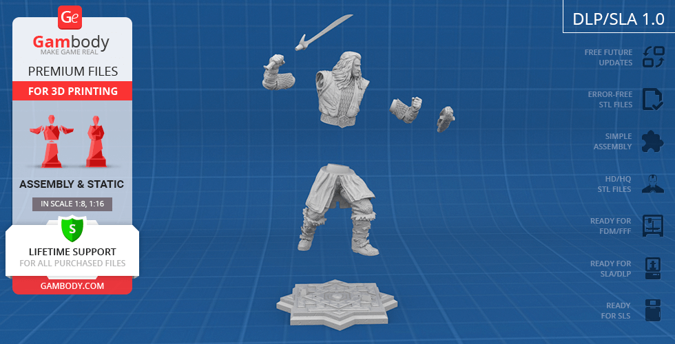 A 3D printable model of a warrior with a sword, displayed in separate assembly parts.