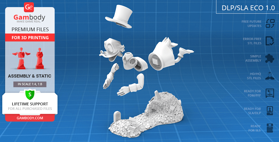 3D model parts of a duck character, with top hat and treasure mound, displayed for 3D printing.