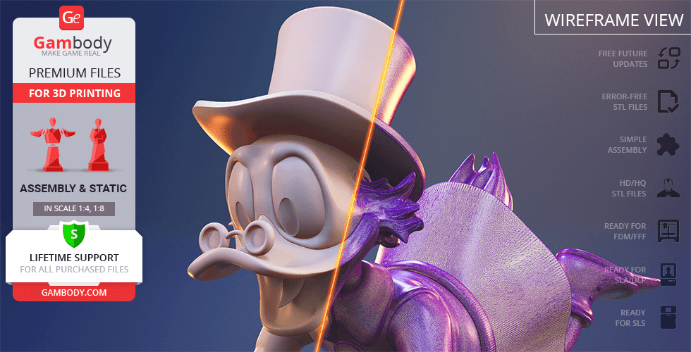 A 3D model of Scrooge McDuck wearing a top hat and coat, shown in wireframe view for printing.