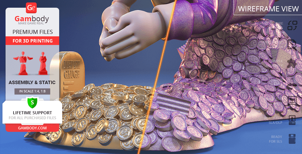A character's hands clasped over piles of coins with a vault labeled 'Profit Gauge' beside them.