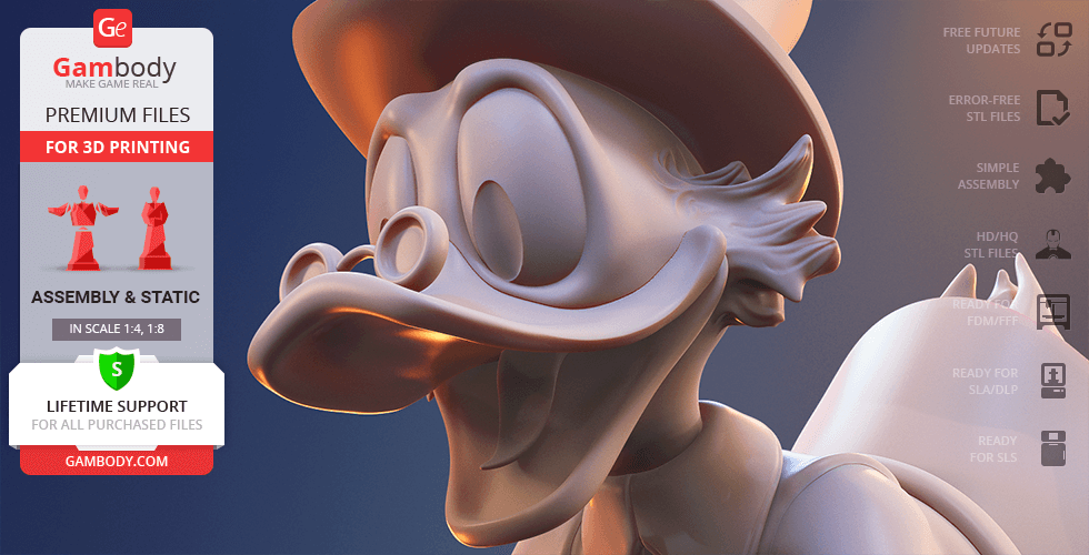 3D model of Scrooge McDuck for printing, showcasing detailed facial features and a top hat.
