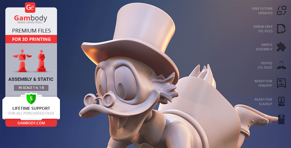 A 3D model of a character resembling a duck with a top hat and glasses, designed for 3D printing.