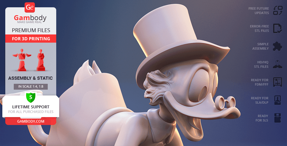 A 3D model of a cartoon duck in a top hat, suitable for printing, offered by Gambody.