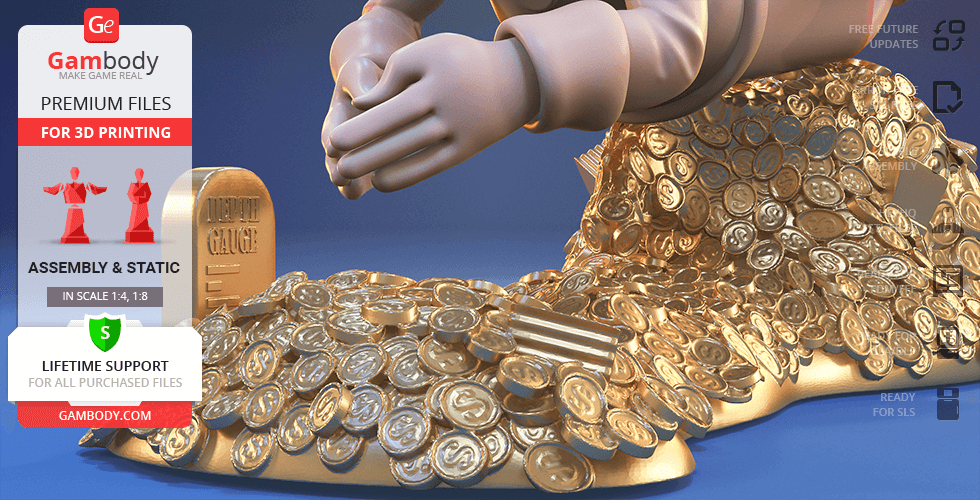 A character leaning over piles of gold coins with a money gauge, ready for 3D printing.