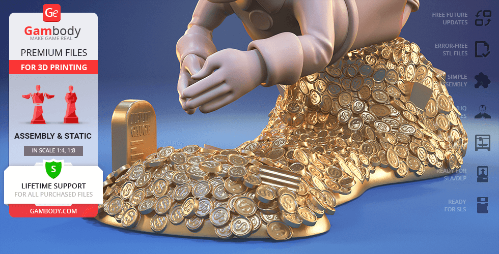 A duck character crouched over a pile of gold coins with a money bin sign.