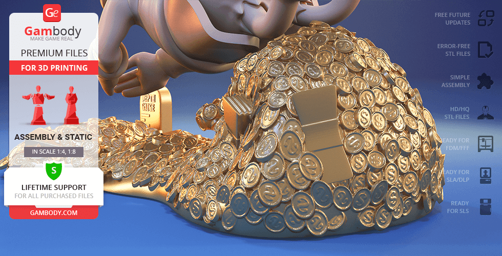 A detailed 3D model depicts Scrooge McDuck diving into a pile of coins.
