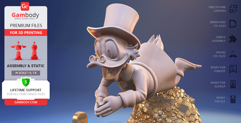 3D model of a cartoon duck in a top hat diving into a pile of coins.