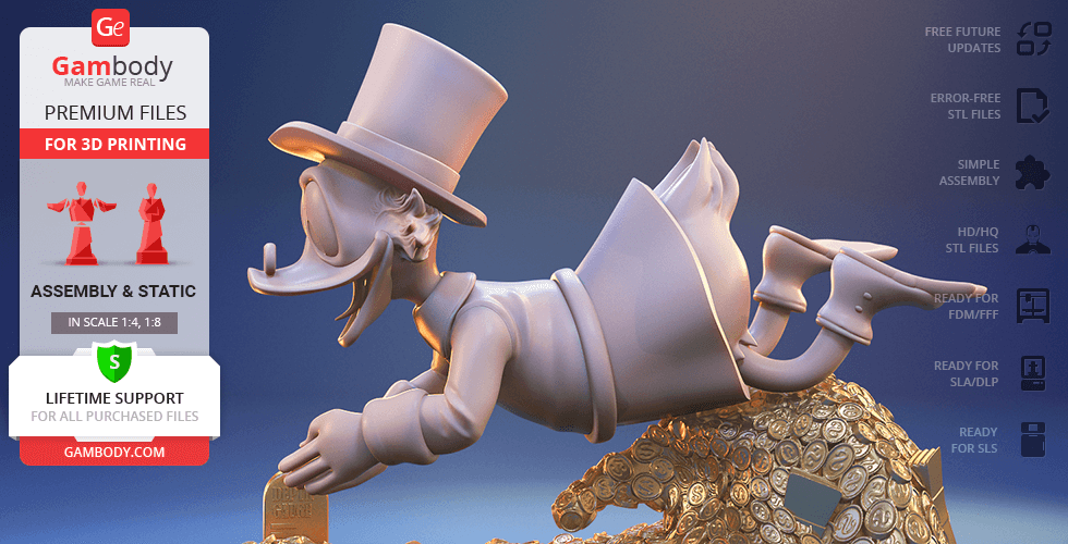 A 3D model of Scrooge McDuck diving into a pile of coins, wearing a top hat and coat.