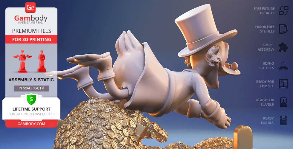 A 3D model of Scrooge McDuck diving into a pile of coins, available for 3D printing from Gambody.
