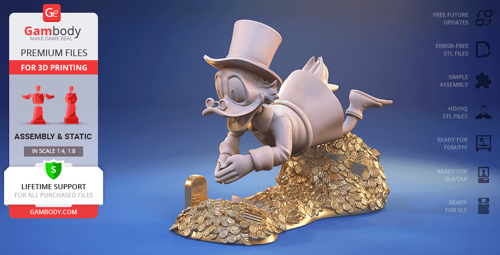 A 3D printable model of Scrooge McDuck diving into a pile of coins, wearing a top hat and glasses.
