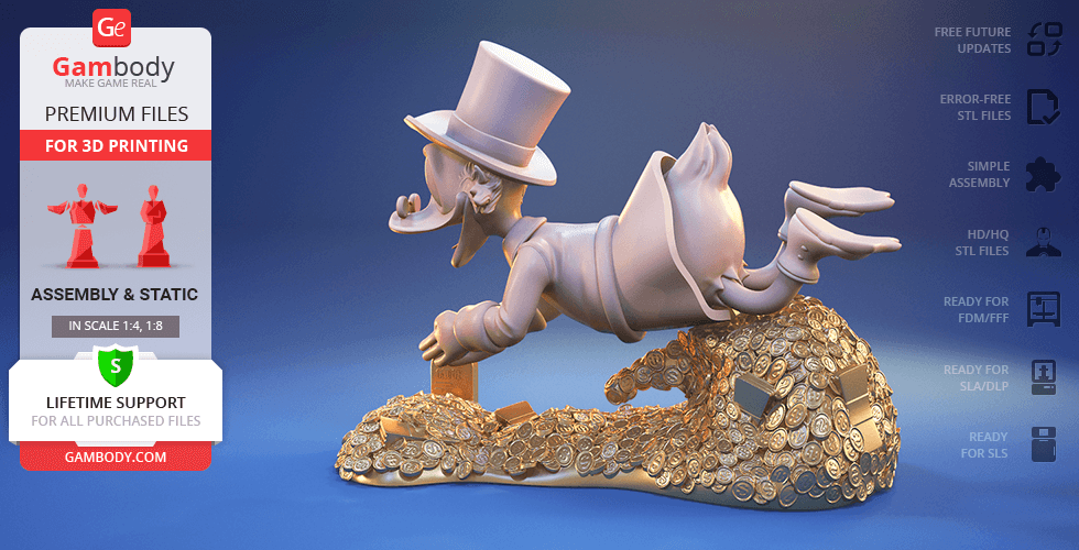 A 3D model of a character diving into a pile of coins, wearing a top hat and glasses, available for 3D printing.