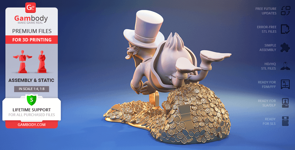 A 3D model of a duck in a top hat diving into a pile of coins, intended for 3D printing.