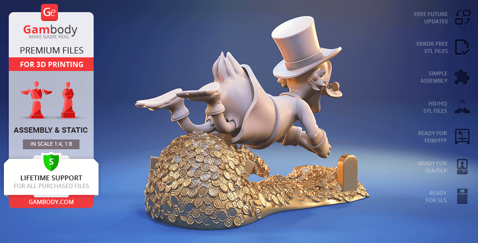 A figure in a top hat diving into a pile of coins, depicted as a 3D printable model.