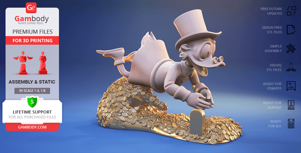 A 3D printable model of a cartoon duck character diving into a pile of coins.