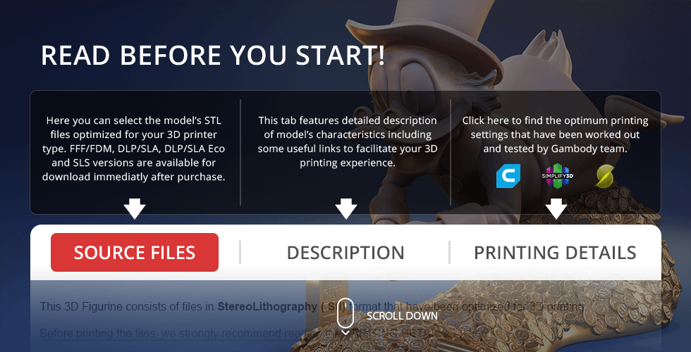 3D model of Scrooge McDuck with gold coins, STL files available for 3D printing guidance and purchase.