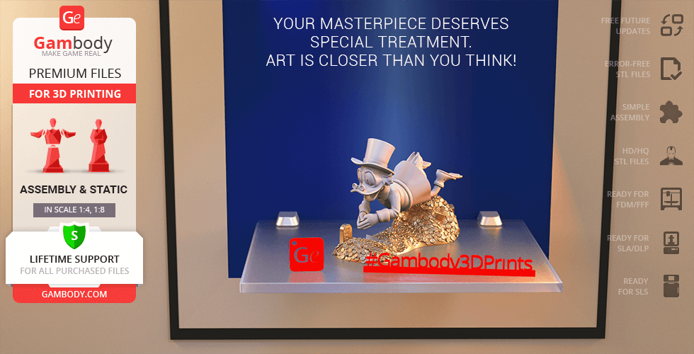 A 3D printed model of Scrooge McDuck diving into a pile of coins, displayed on a platform.