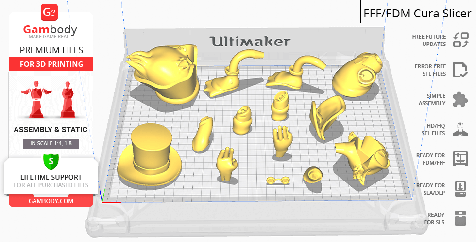 3D-printable parts of Scrooge McDuck, including a hat, hands, and head, displayed on a digital grid.