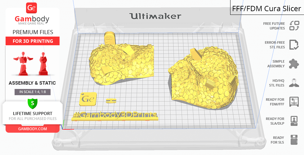 A 3D print model of Scrooge McDuck diving into a pile of coins, shown in a slicing software.