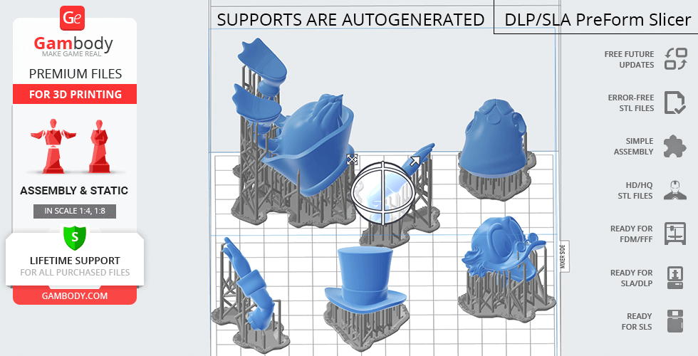 3D model parts of Scrooge McDuck for printing, including hat and character sections on supports.