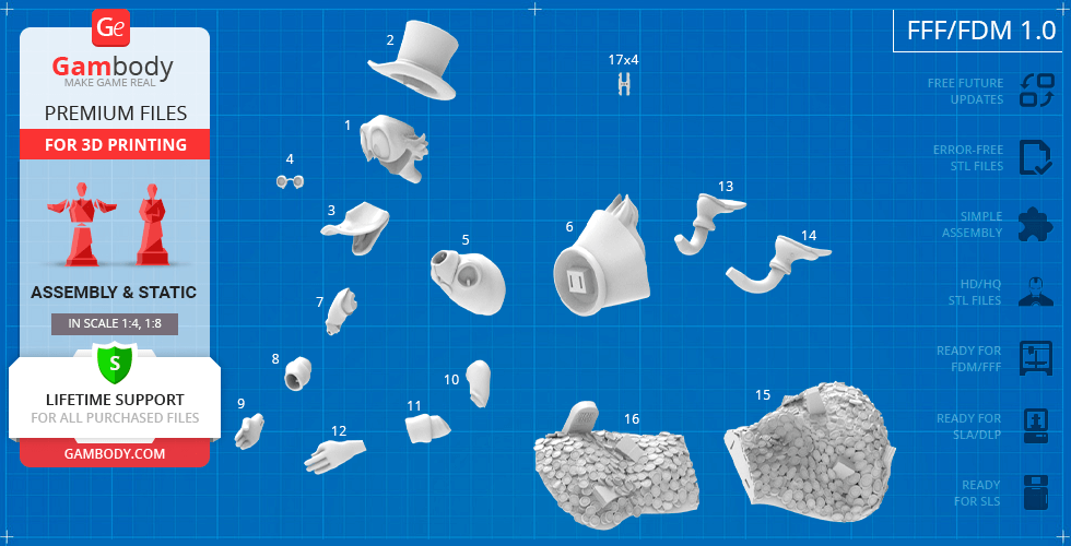 3D printable parts of Scrooge McDuck, including hat, head, arms, and textured base.