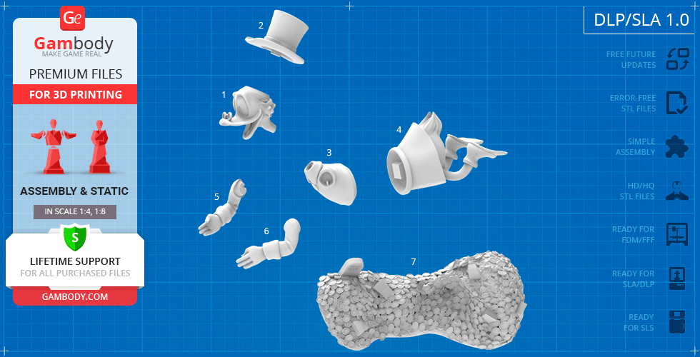 Exploded view of Scrooge McDuck 3D model parts for assembly and printing on blue grid background.