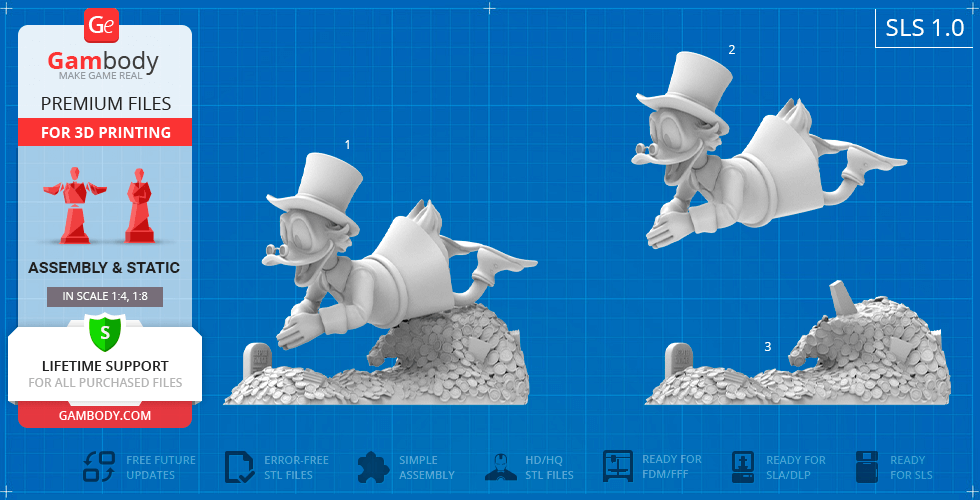 Scrooge McDuck 3D model diving into a pile of coins, wearing a top hat and glasses, ready for 3D printing.