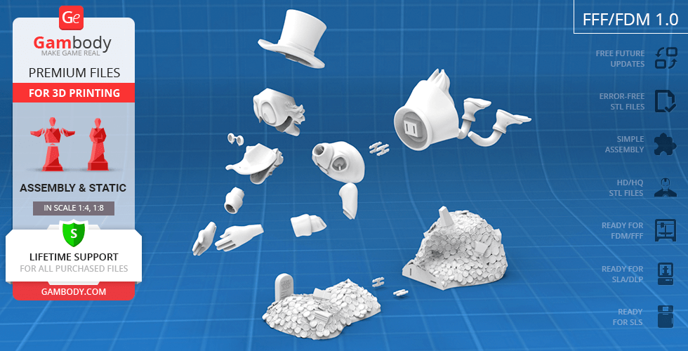 3D printable Scrooge McDuck model in parts, featuring his hat, hands, and treasure on a blue grid background.