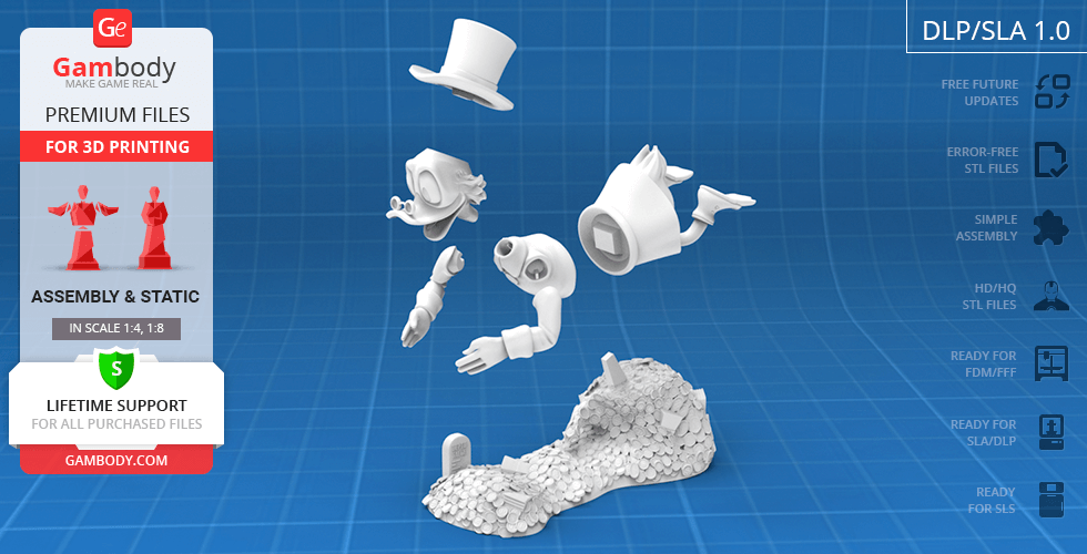 A 3D model kit of Scrooge McDuck, featuring disassembled parts including a top hat and rocky base.