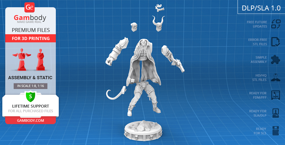 A disassembled 3D model of a muscular, trench-coated figure with horns, ready for 3D printing.