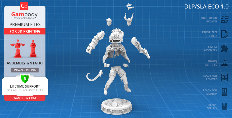 A 3D printable Hellboy model, disassembled, includes body parts and accessories on a blue grid background.
