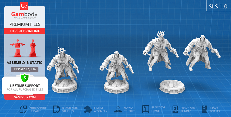 A 3D model of a muscular character with horns, trench coat, and weapon, displayed in various poses for printing.
