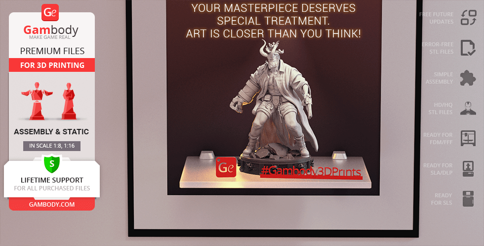 A detailed 3D model of Hellboy with horns, designed for 3D printing, displayed on a platform.