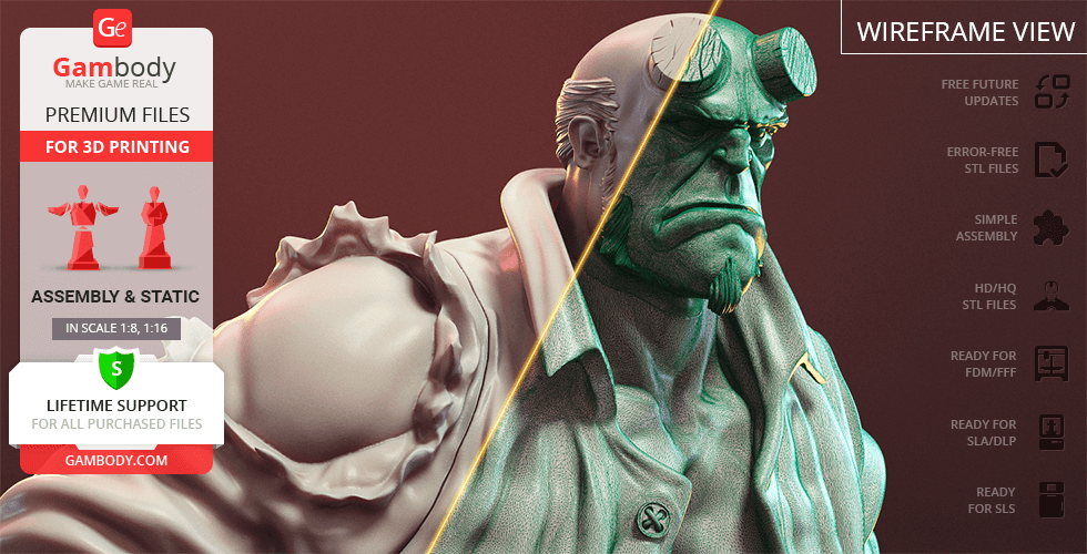 A detailed 3D model of Hellboy, showcasing muscular build and distinctive facial features, ready for 3D printing.