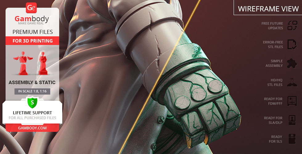 A detailed 3D model of a glove with a large, textured hand design, shown in a wireframe view for printing.