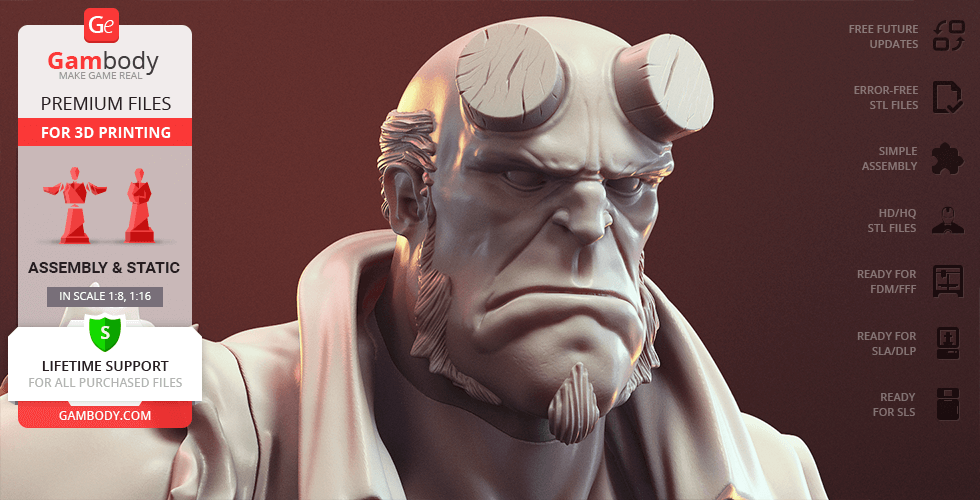 3D model of Hellboy for printing, featuring a serious expression and prominent horn stubs.