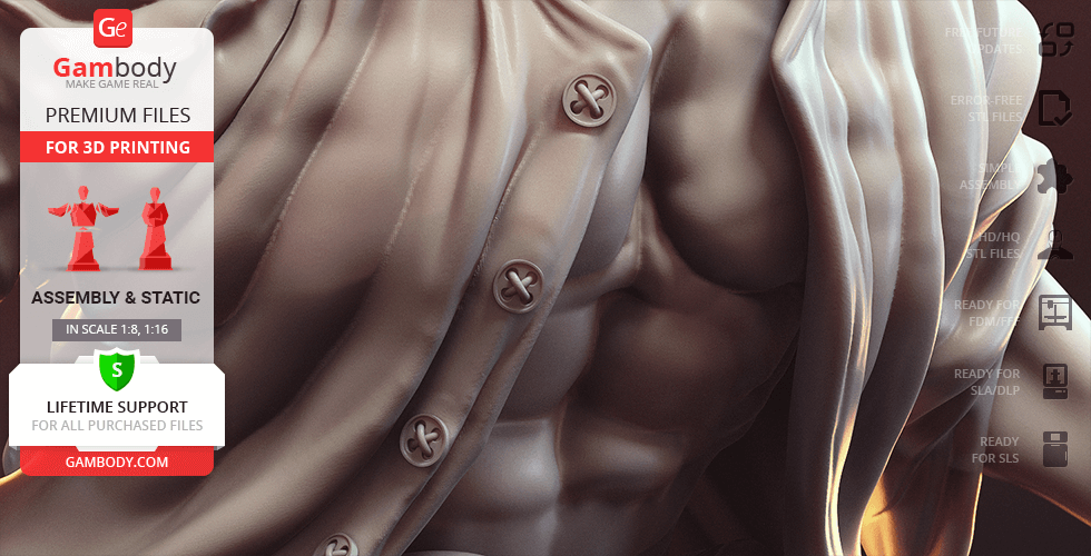 Close-up of sculpted muscles, shirt details, and buttons from a Hellboy 3D model.