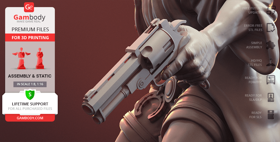 A 3D printable model of a character holding a large revolver, offered by Gambody for assembly and printing.