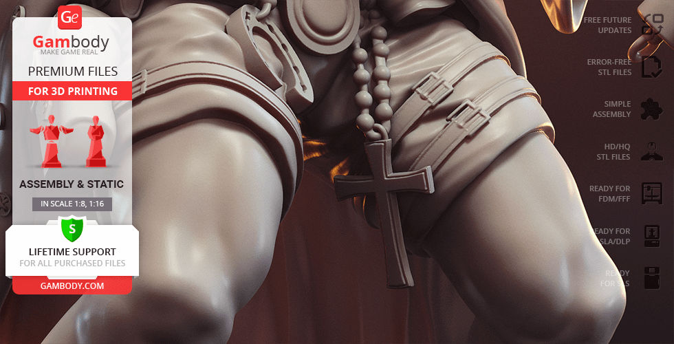 A 3D model of a muscular figure with a cross and beads around their waist, wearing shorts and a belt.