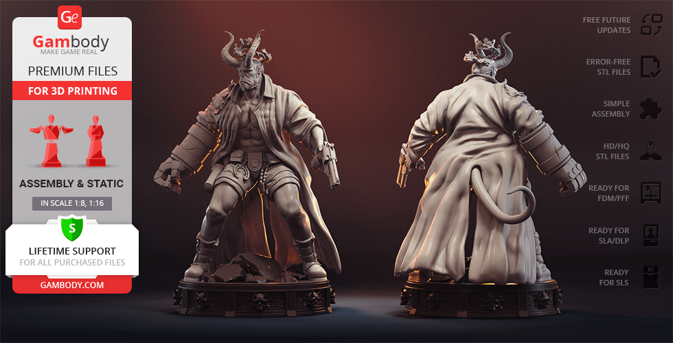 A 3D model of a horned character with a muscular build and trench coat, shown from front and back on a decorative base.