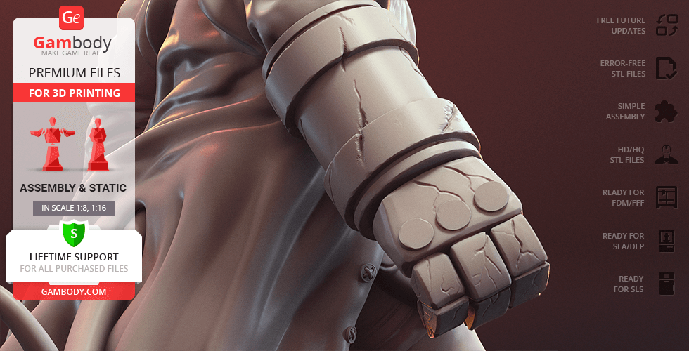 Armored arm detail from a Hellboy character model for 3D printing, with Gambody branding.