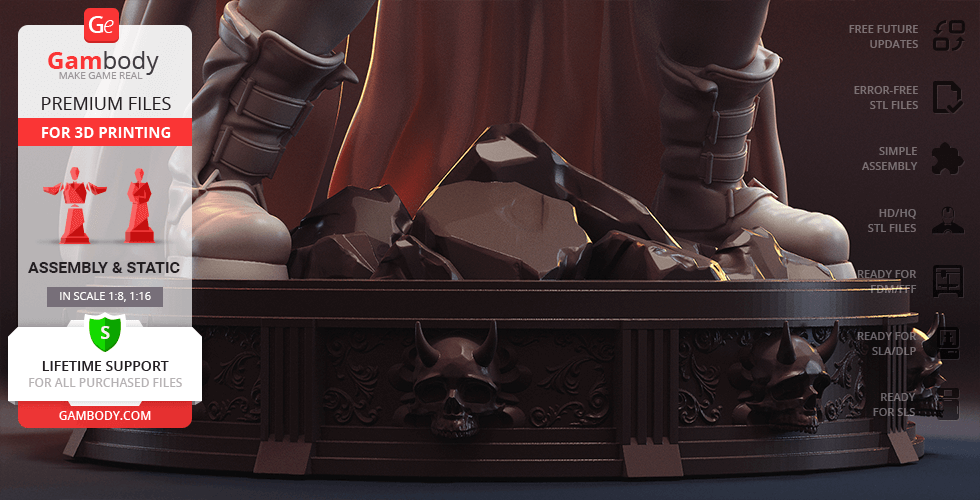 A detailed Hellboy statue base with rocks and skull motifs for 3D printing from Gambody.