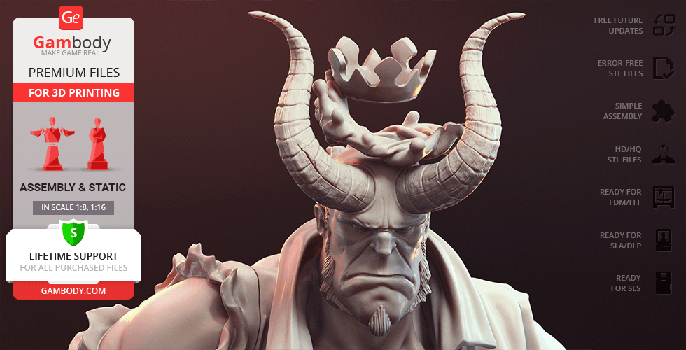 3D model of a demon-like character with large horns and a crown, promoted for 3D printing by Gambody.
