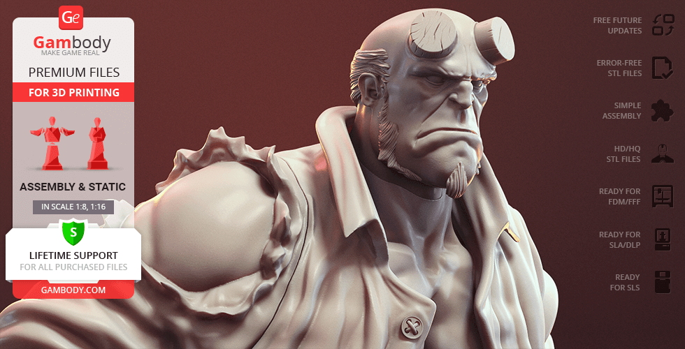 A detailed 3D model of a muscular character with horns, designed for 3D printing, shown on a promotional banner.