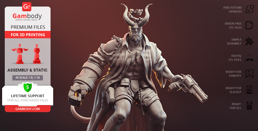 A horned, muscular character with a long coat, holding a large revolver, designed for 3D printing.