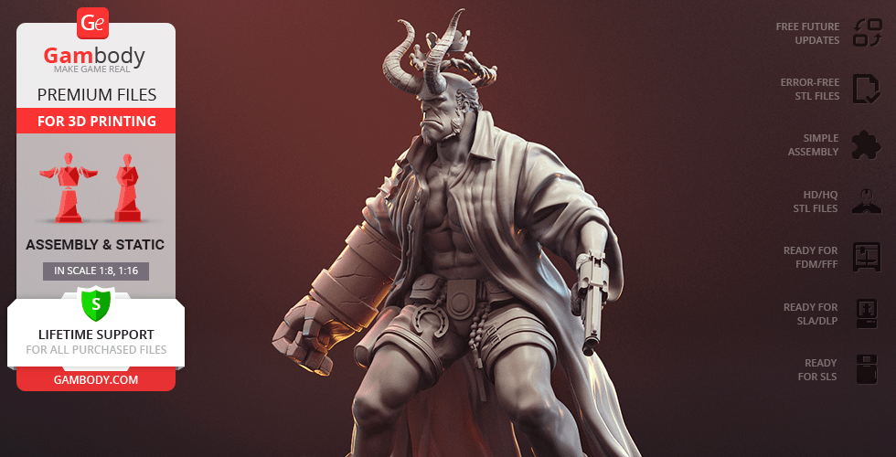 A detailed 3D model of Hellboy with horns, wearing a coat, and holding a gun, designed for 3D printing.